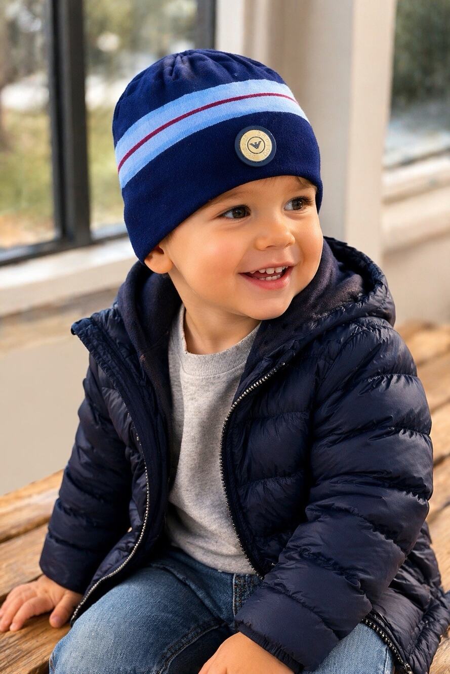 Armani Junior Baby Boys Wool Blend Beanie Hat Blue Italy Medallion Logo